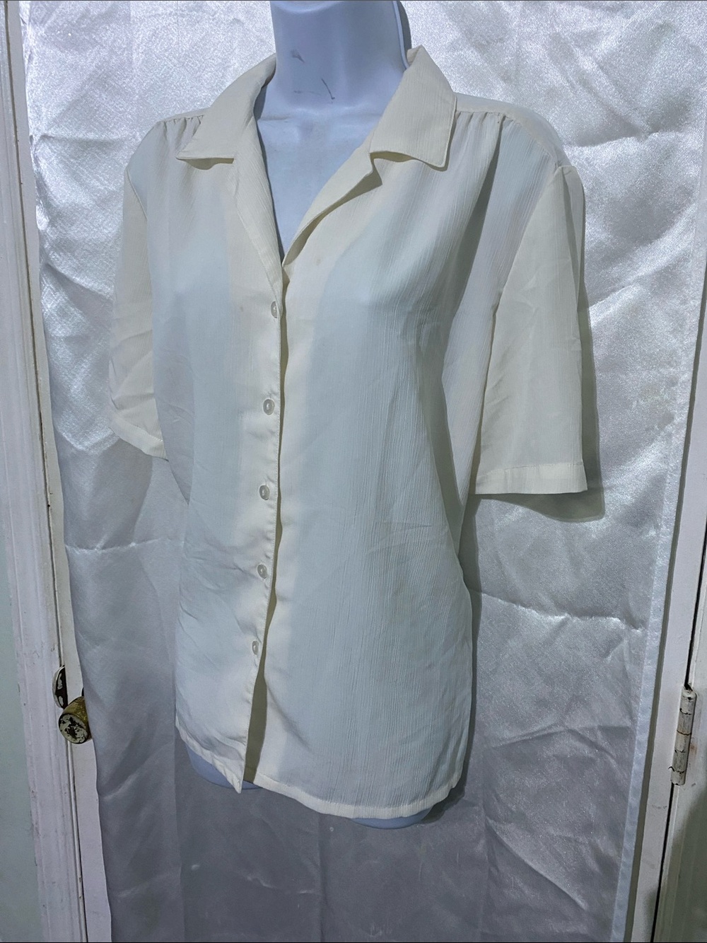 Light Cream Short-Sleeve Button-Down Blouse
